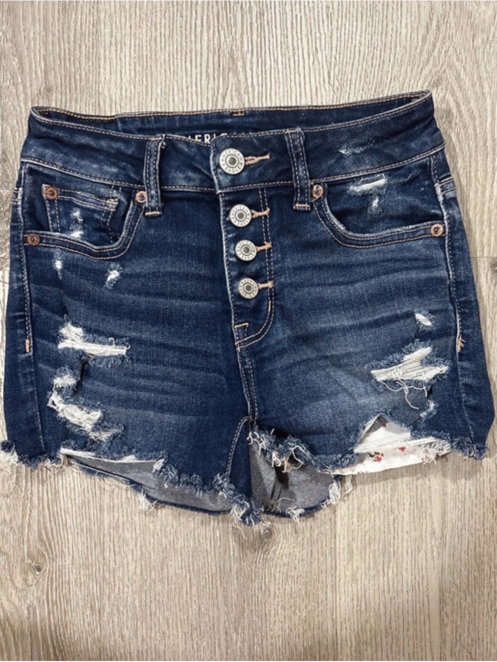 American Eagle Outfitters Dark Blue Distressed Button-Fly Jean Shorts